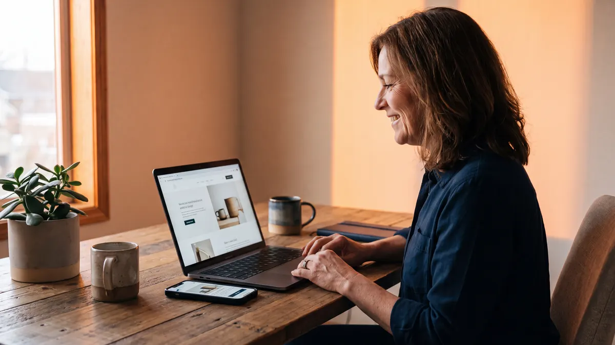 A local business owner reviewing their new website on a laptop with the same site shown on a phone beside it